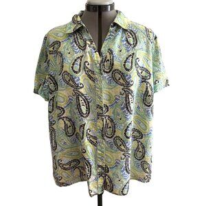 Kim Rogers 1X Paisley Button-Down Top 100% Linen Green & Blue Short Sleeve